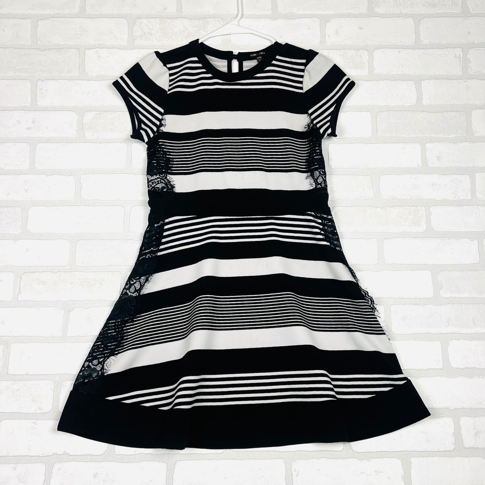 Max + Riley Girls Black White Striped Lace Side Panel Skater Dress Size 16 XL